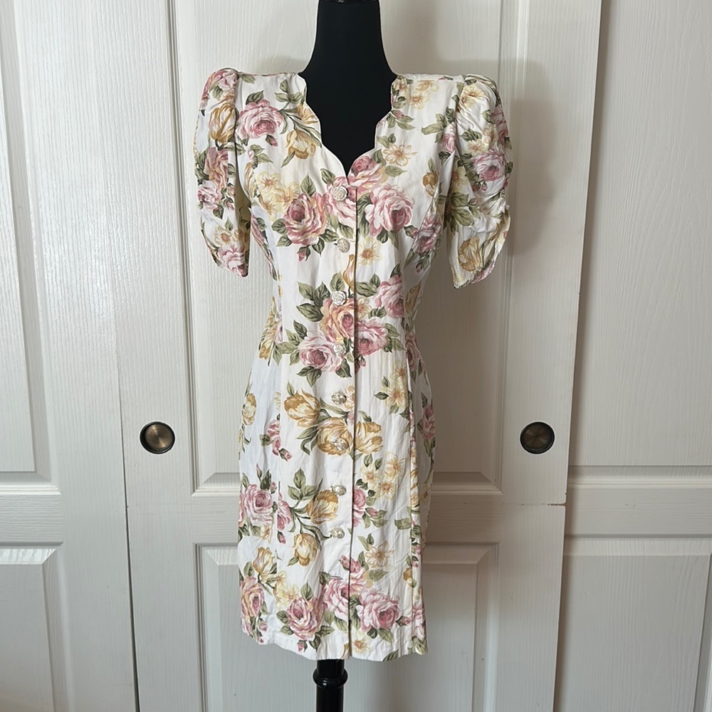 80s VINTAGE FLORAL DAINTY BUTTON UP DRESS PUFF SLEEVE